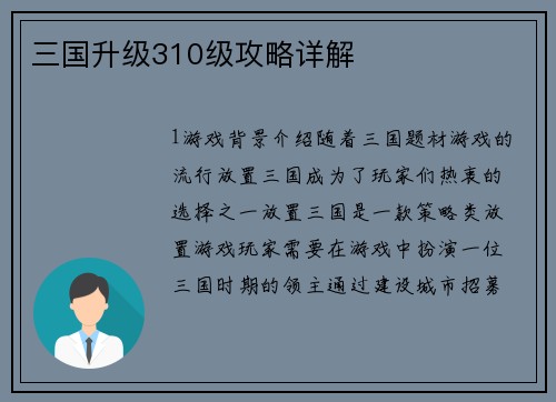 三国升级310级攻略详解